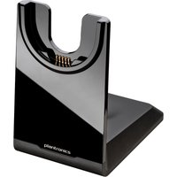 Black HP Poly Voyager Focus UC USB-A charging stand with glossy finish and cradle for headset placement.