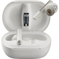 White HP Poly Voyager Free 60+ UC earbuds in charging case with BT700 USB-C adapter, sleek design, compact size.