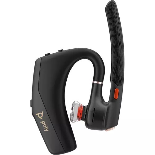 Black Poly Voyager Legend 50 headset features a sleek design with a flexible microphone boom, control buttons on the side, and a comfortable ear hook for secure wear.