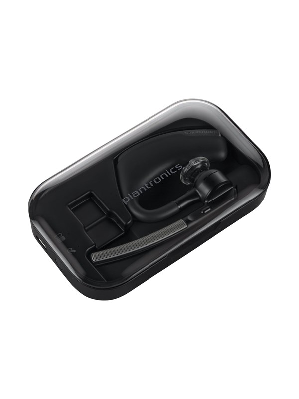 Black charging case with a sleek design, housing a wireless headset and USB-A cable, featuring a transparent cover to showcase the contents inside.