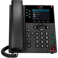 Black HP Poly VVX 350 IP phone with 6-line display, keypad, navigation buttons, and coiled corded handset.