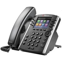 HP Poly VVX411 VoIP phone, black with 12-line buttons, color display, and handset on the left side.