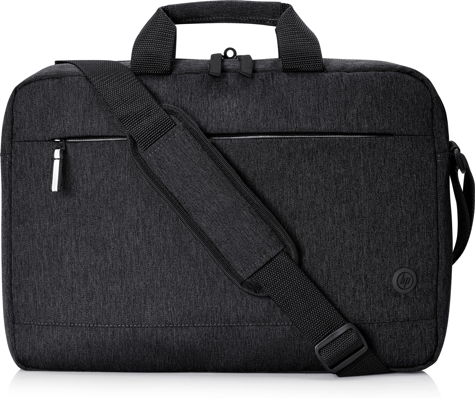 Black fabric laptop bag with a textured finish, featuring a top handle, adjustable shoulder strap, front zip pocket, and HP logo on the side.