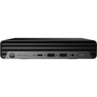 Black HP Pro Mini 400 G9 desktop with front USB ports, power button, and sleek horizontal ridged design.