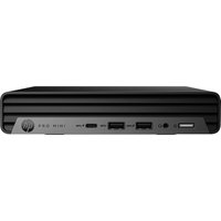Black HP Pro Mini 400 G9 desktop with ribbed top, front USB ports, and power button on the right.