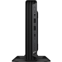 Black HP Pro Mini 400 G9 desktop with vertical stand, front USB ports, and power button on the side.