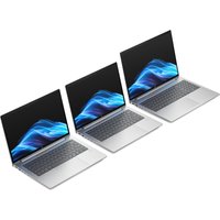 Silver HP ProBook 4 G1i 14-inch notebook with black keyboard, slim design, and blue wave screen display.