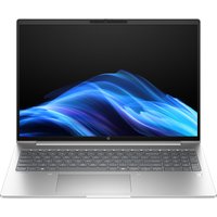 Silver HP ProBook laptop with 16" display, sleek design, backlit keyboard, and thin bezels.