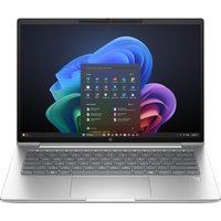 Silver HP ProBook laptop with AI features, Snapdragon X1 processor, and a sleek, thin bezel display showing Windows interface.