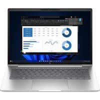 Silver HP ProBook 440 laptop with 14-inch display, black keyboard, showing charts on Windows 11 Pro screen.