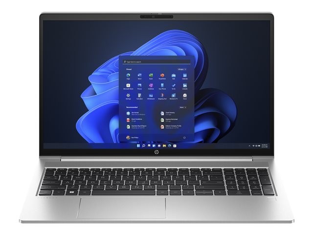 Silver HP ProBook 450 G10 laptop featuring a 15.6" Full HD display, Intel Core i5 processor, 8 GB DDR4 RAM, 256 GB SSD, and Windows 11 Pro interface.