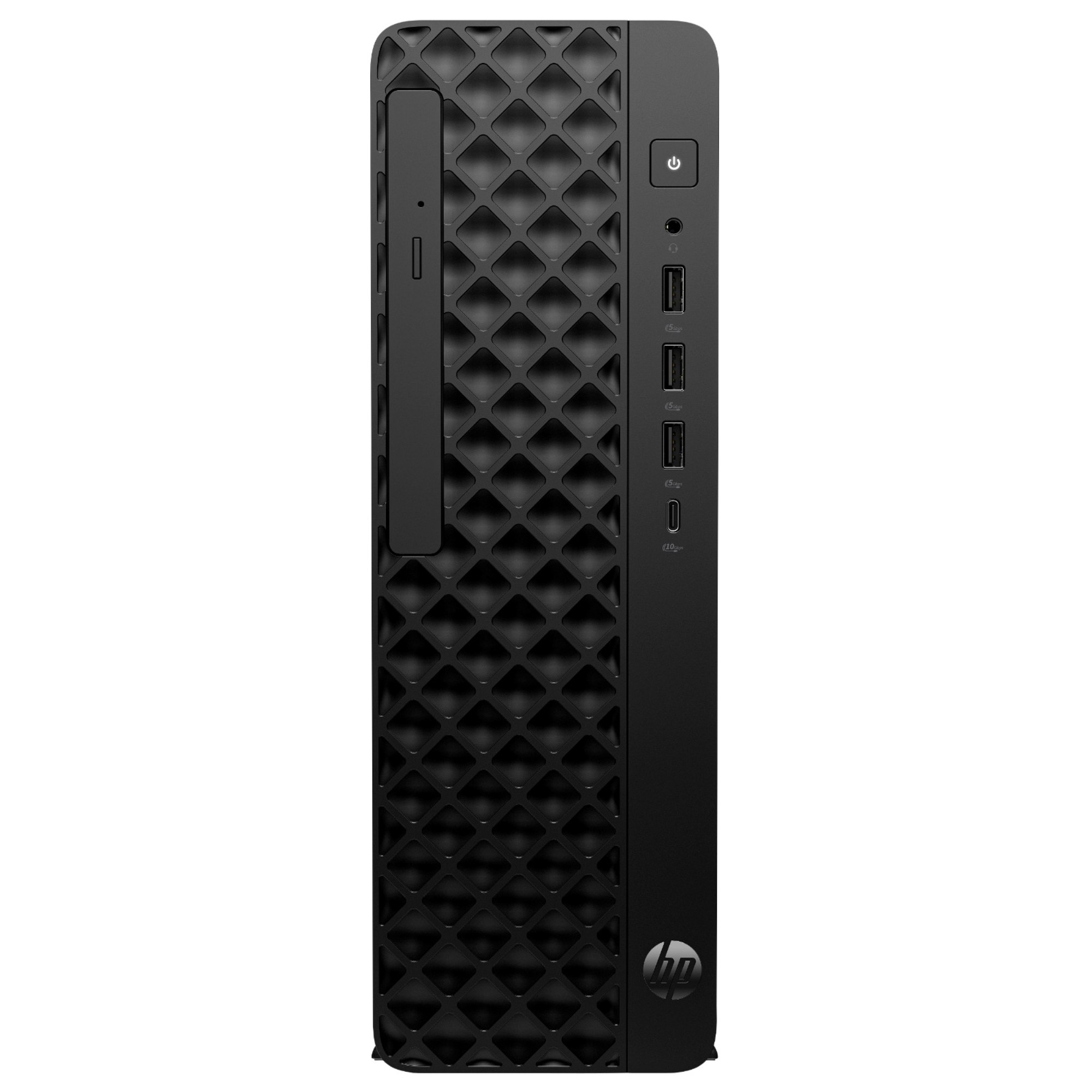 Sleek black HP ProDesk 2 SFF G1i E desktop PC featuring a textured front panel, power button, and multiple USB ports, equipped with Intel® Core™ i5-14400, 16GB RAM, and 512GB SSD.