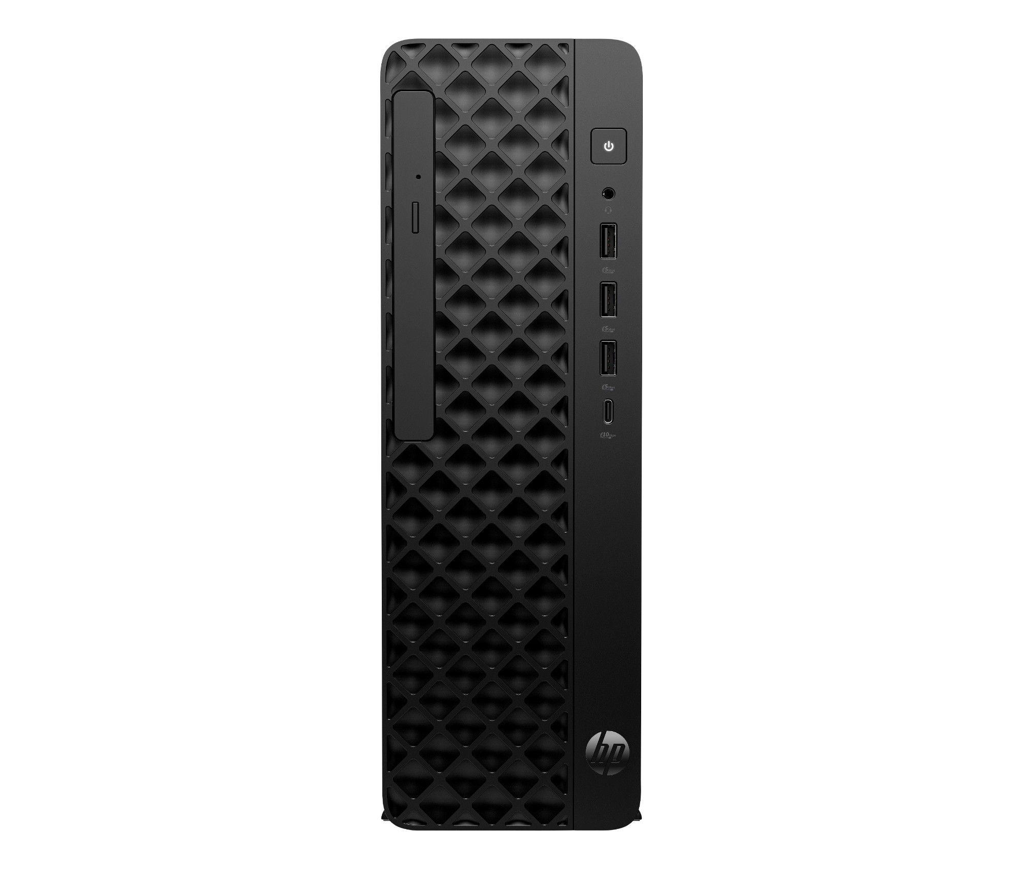 Black HP ProDesk 2 SFF G1i E Desktop PC featuring a textured front panel, power button, and multiple USB ports, equipped with Intel® Core™ i5-14400 and 8 GB DDR5-S RAM.