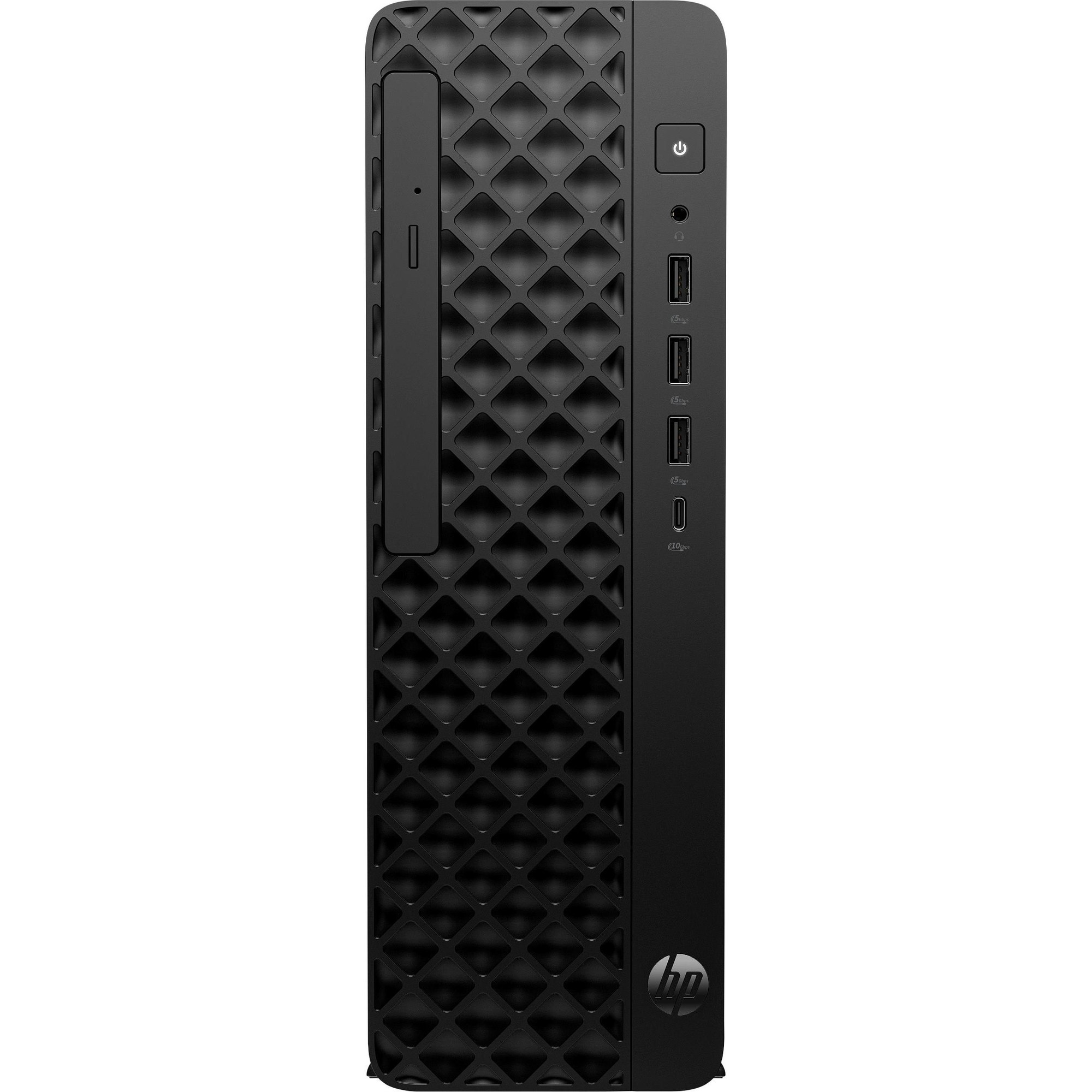 Black HP ProDesk 2 SFF G1i E Desktop PC with textured diamond pattern, featuring power button, multiple USB ports, and sleek design, equipped with Intel Core i3-14100 and 16GB RAM.