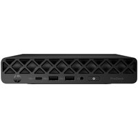 Black HP ProDesk Mini PC with diamond-patterned front, USB ports, power button, and compact design.