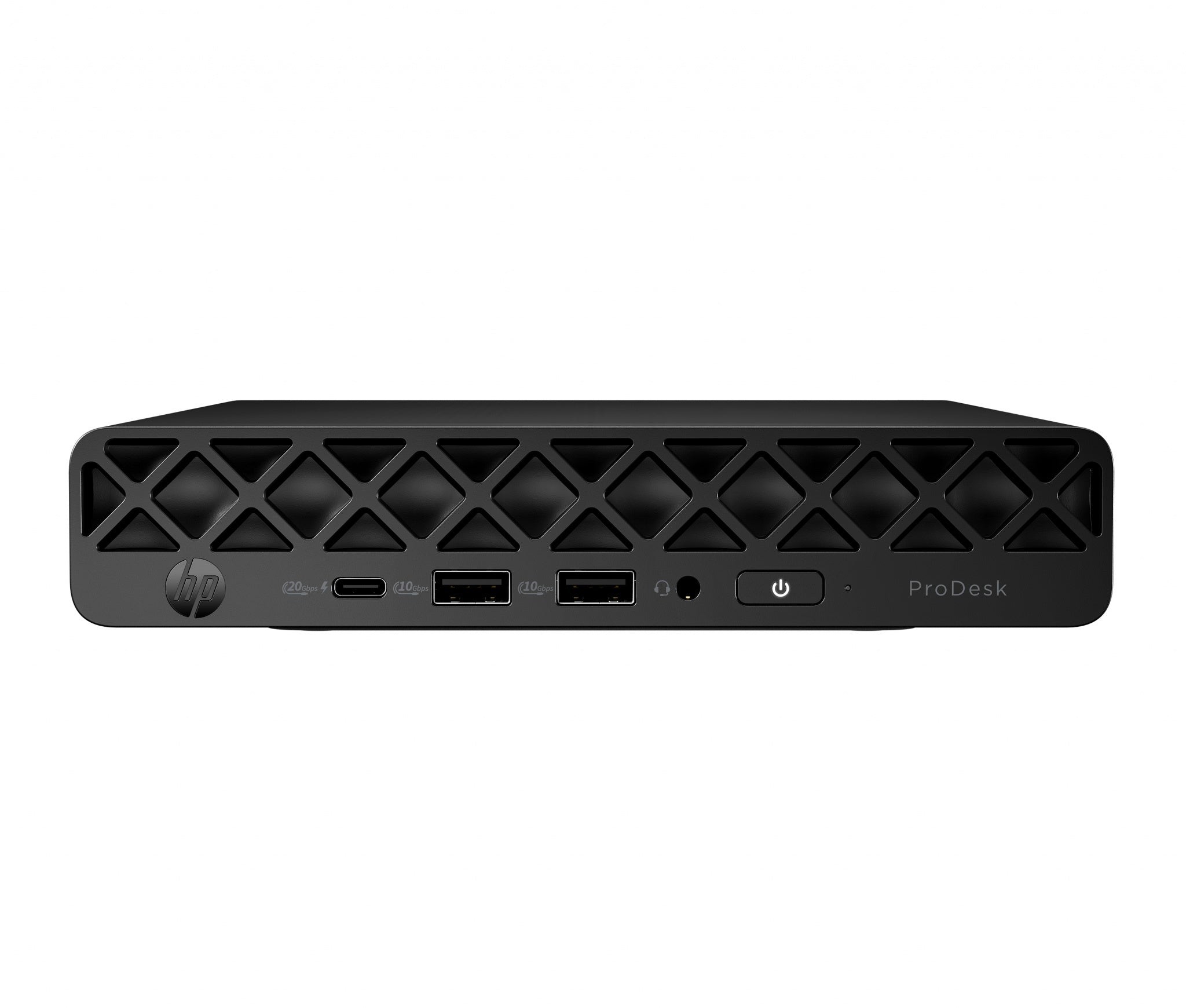 Black HP ProDesk 4 Mini G1i with a textured triangular pattern, featuring multiple USB ports, a power button, and the ProDesk logo on the front.