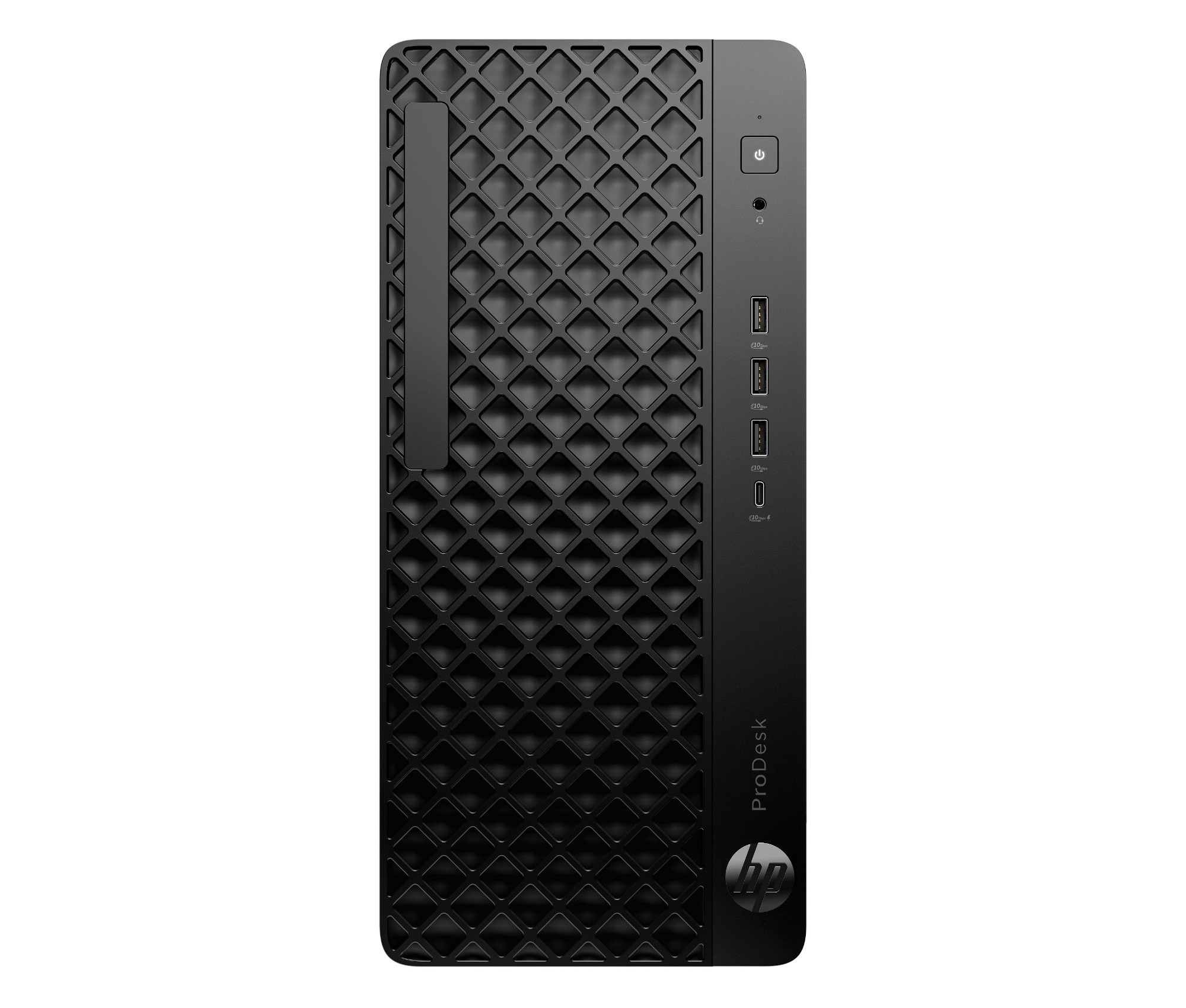 Black tower desktop with a textured front panel, featuring multiple USB ports, a power button, and the HP logo, designed for security and performance.