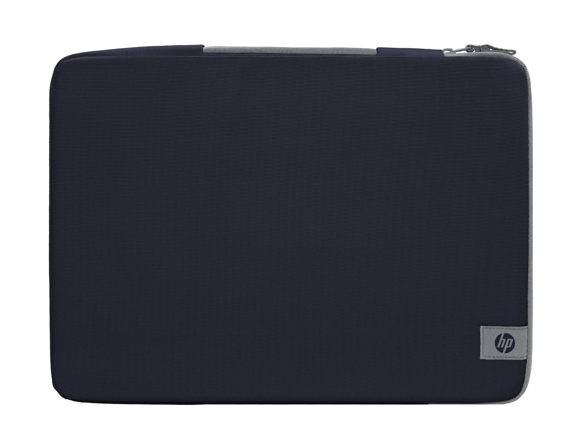 Dark navy HP laptop sleeve case with a textured surface, featuring a gray zipper and a small HP logo patch on the bottom right corner.
