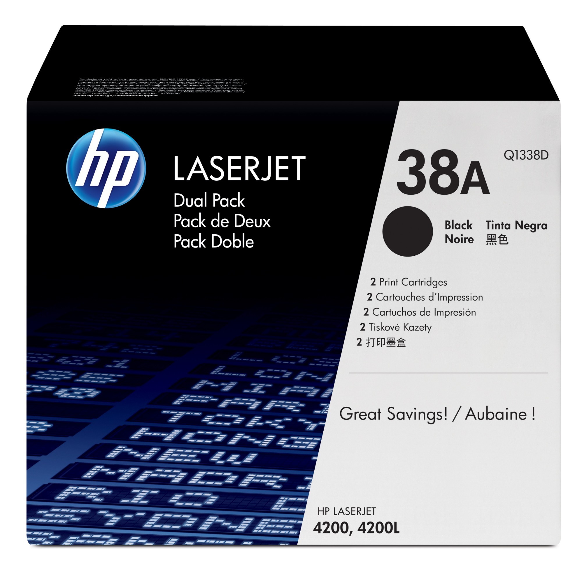 Black toner cartridge twin pack for HP LaserJet, featuring two 12K page capacity cartridges, with a sleek box design displaying the HP logo and product details.
