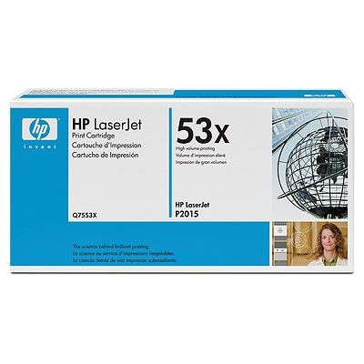 Black toner cartridge twin pack for HP LaserJet, featuring a white box with blue and black branding, labeled Q7553XD, designed for high volume printing up to 14,000 pages.