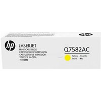 White HP Q7582AC yellow toner cartridge box with black text and yellow dot indicator.