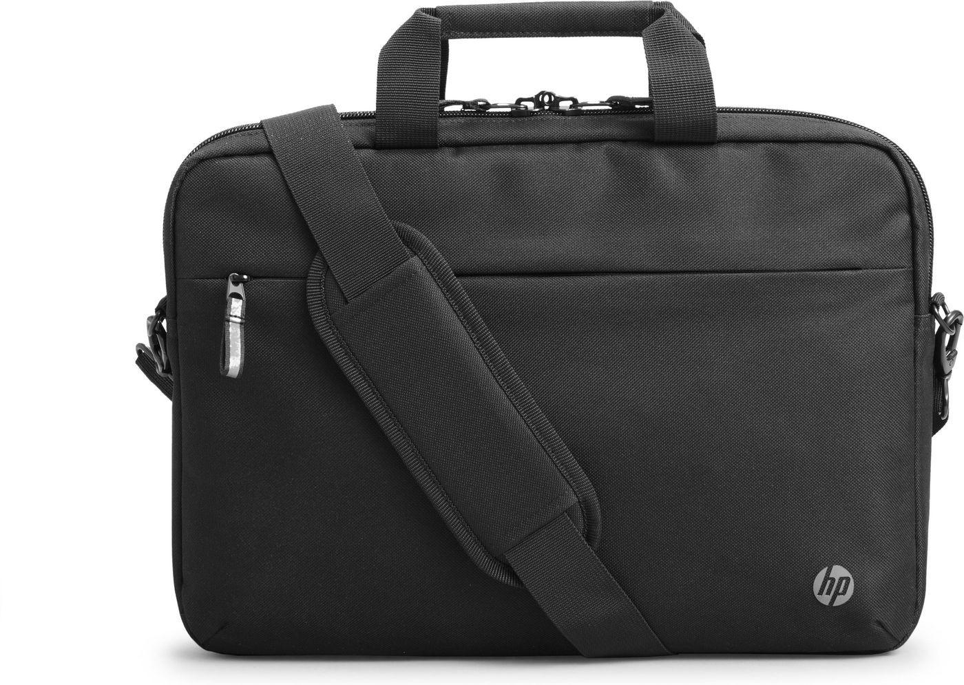Black HP Renew Business laptop bag with a textured surface, dual top handles, adjustable shoulder strap, and front zip pocket for accessories.