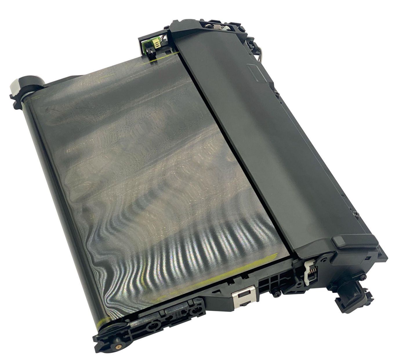 Black HP transfer cartridge with a glossy surface, featuring a cylindrical roller and connectors on one end, designed for use in compatible HP printers.