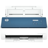 Blue and white HP ScanJet Enterprise Flow 9000 s1 ADF scanner with control panel and sheet-fed design, 600 DPI, A3 size.