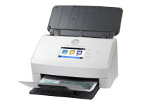 White HP Scanjet Enterprise Flow N7000 scanner with a gray lid, featuring a touchscreen display and a document feeder, positioned with a sheet partially ejected.