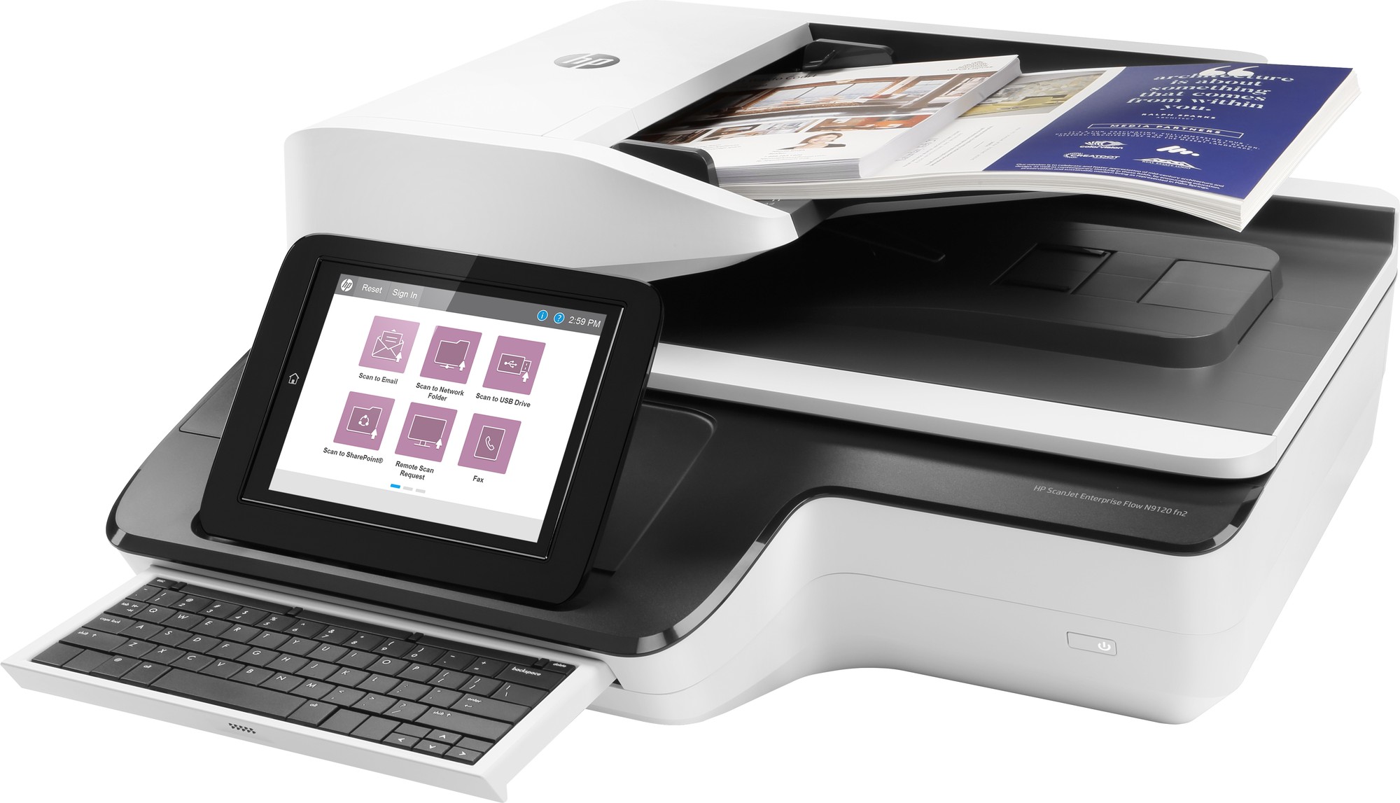 HP ScanJet Enterprise Flow N9120 Fn2 flatbed scanner in white and black, featuring a touchscreen interface, A3 scanning capability, and a document feeder for efficient scanning.