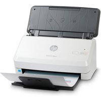 Black and white HP ScanJet Pro 2000 s2 sheet-fed scanner with open lid and paper tray, compact design.