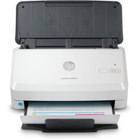 White HP Scanjet Pro 2000 s2 sheet-fed scanner with black paper tray and control buttons on top.