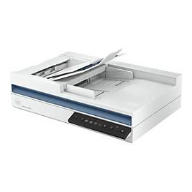 White HP ScanJet Pro 2600 F1 scanner featuring a blue accent, a flatbed design, and a control panel with buttons for easy operation, with documents loaded in the input tray.