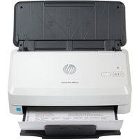 White HP ScanJet Pro 3000 s4 sheet-fed scanner with black paper tray and control buttons on top.