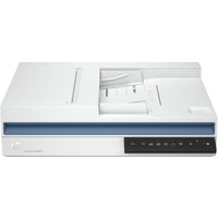 White HP Scanjet Pro 3600 f1 scanner with flatbed, ADF, control panel, and 1200 DPI resolution.