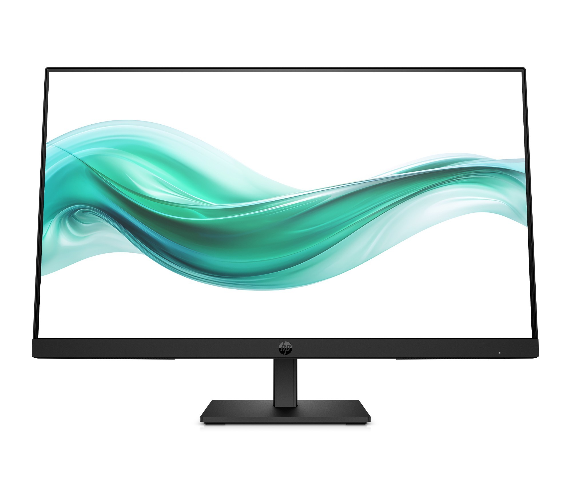 23.8-inch HP 324ph Series 3 FHD monitor with a sleek black frame, minimal bezels, and a modern stand, featuring a vibrant green and white wave design on the screen.