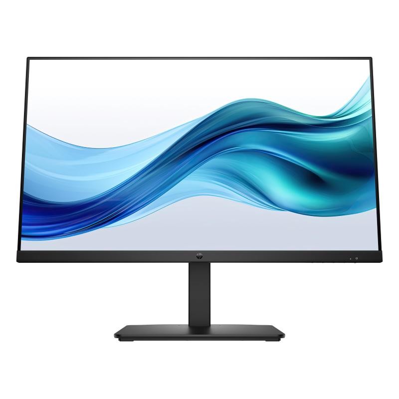 27-inch FHD monitor with a sleek black frame and minimalist design, featuring a vibrant blue wave pattern on the screen and a sturdy rectangular base.