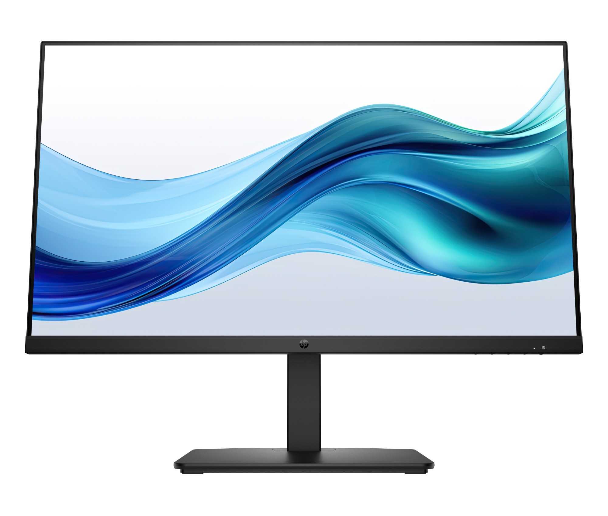 27-inch HP Series 3 Pro FHD monitor features a sleek black design with a minimalist stand, showcasing a vibrant blue and white abstract display.