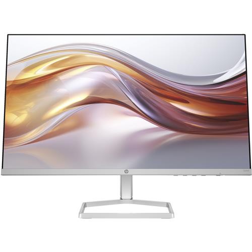 HP Series 5 23.8-inch FHD monitor features a sleek design with a silver stand, ultra-thin bezels, and a vibrant display showcasing smooth, flowing abstract graphics.