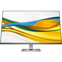 HP Series 5 27-inch FHD monitor with slim bezels, silver stand, and vibrant screen displaying abstract yellow and blue waves.