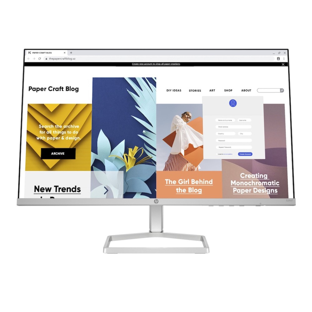 27-inch silver HP Series 5 527sf Full HD IPS LCD monitor displaying a colorful web page with various design elements and text, featuring a sleek, modern stand.