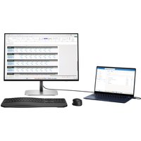 HP Series 5 Pro 24 inch WUXGA Monitor, slim black bezel, silver stand, connected to a laptop with keyboard and mouse.