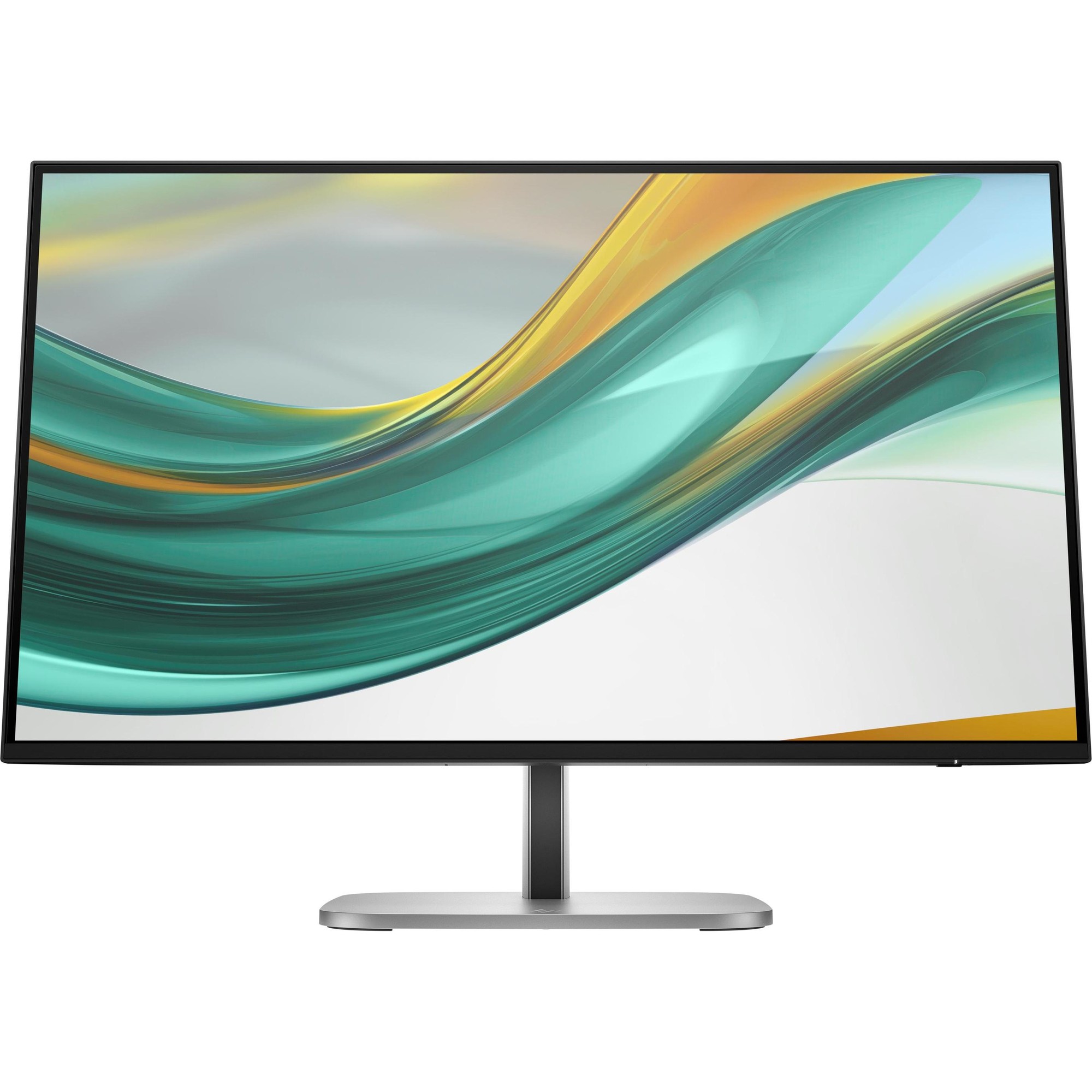 27-inch HP Series 5 Pro FHD monitor with a sleek black bezel, silver stand, and vibrant display featuring abstract green and yellow wave patterns.