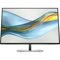 HP Series 5 Pro 524pn 24-inch monitor, slim black bezel, silver stand, displaying abstract blue and yellow wave design
