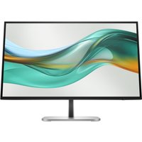 HP Series 5 Pro 27-inch monitor, slim black bezel, silver stand, displaying abstract teal and orange wave design.