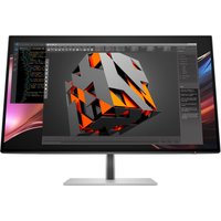 HP Series 7 Pro 27" QHD monitor with slim bezels, Thunderbolt 4 port, silver stand, displaying geometric 3D design.