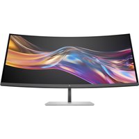 Curved HP Series 7 Pro 37.5" WQHD+ monitor with slim bezels and sleek silver stand.