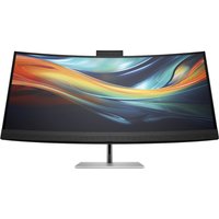 Curved HP Series 7 Pro 39.7" 5K2K conferencing monitor with sleek silver stand and built-in top webcam.