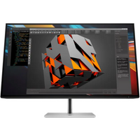 HP Series 7 Pro 732pk 32" 4K monitor, sleek black frame, silver stand, displaying 3D graphics and code on screen.