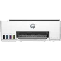White HP Smart Tank 5105 printer with visible ink tanks and HP logo on front panel.